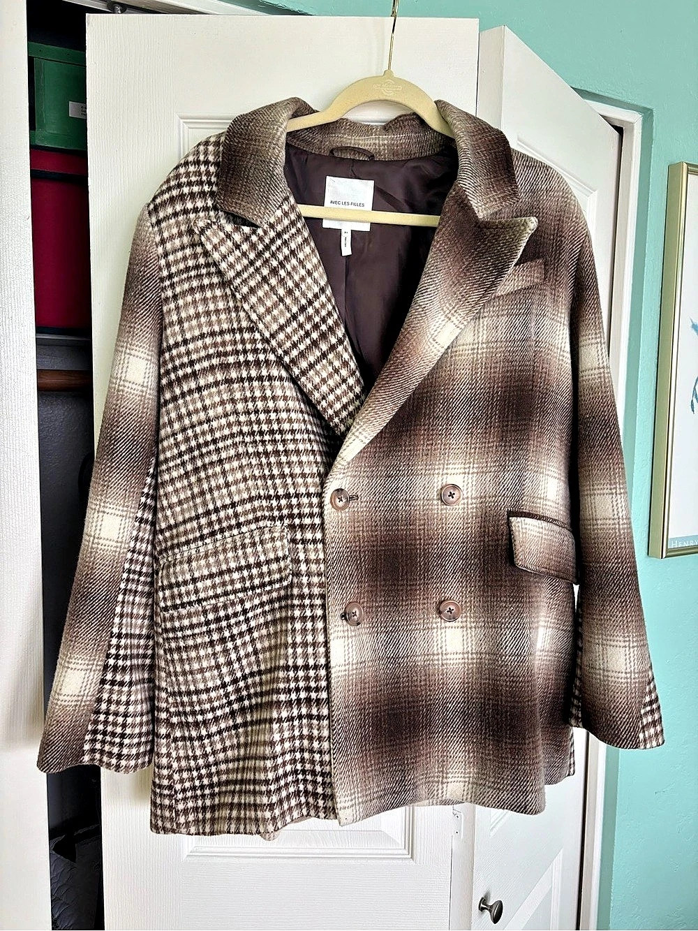 Avec Les Filles Plaid Patternblock Double Breasted Blazer Brown & White XL